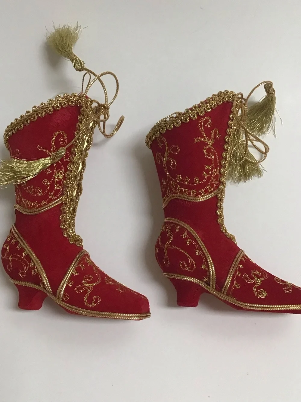 Victorian Look Christmas Tree Ornaments SET OF 3 Red Velvet Gold Trim Boots NEW